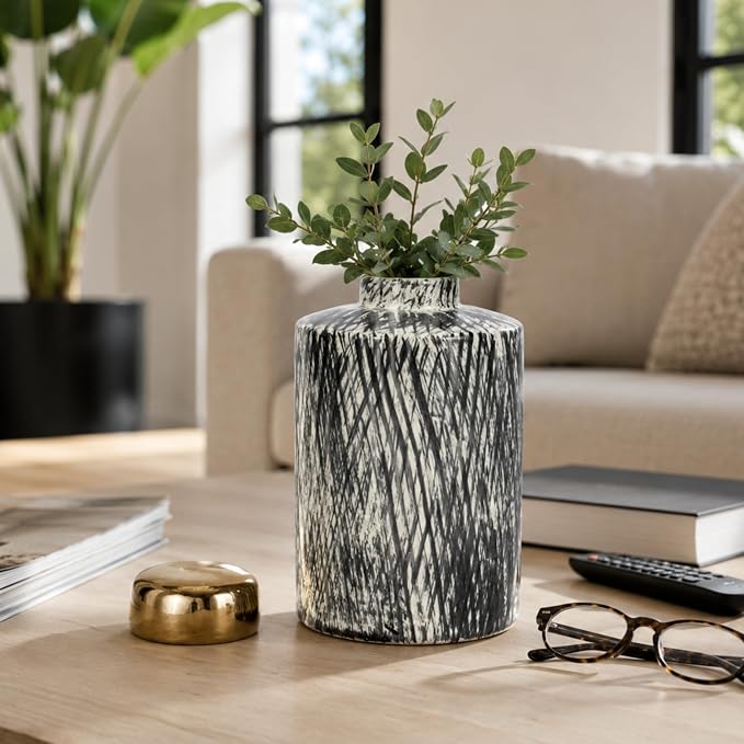 Modern Ceramic Ginger Jar Vase for Living Room Decor - Flower Vase for Home Display, Bedroom, and Dining Room - Decorative Accent with Lid for House, Office, and Tabletop - 10", Black & Gold