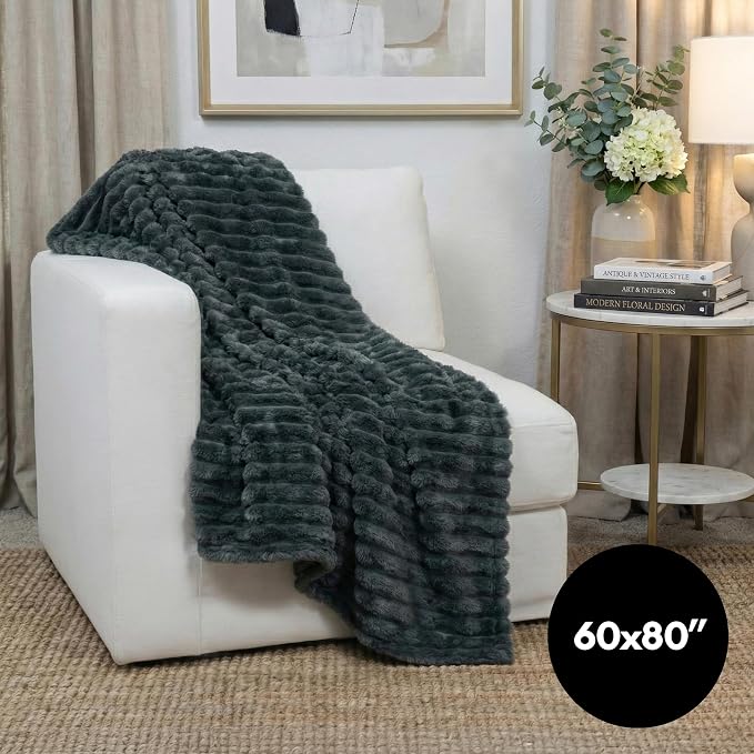 Americanflat 60x80 Faux Fur Throw Blanket - Soft and Breathable Throw Blanket for Couch, Bed, Chair - Dark Gray Faux Fur Blankets Perfect for Home, Bedroom, or Outdoor Use