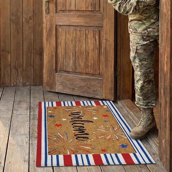 Moucuny 2 Pcs 4th of July Coir Door Mat Outdoor, Patriotic Non-Slip Decor