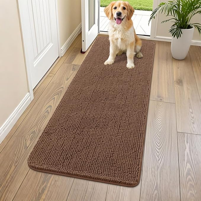 Smiry Dog Door Mat for Muddy Paws 59x24, Absorbent Dirt Trapper, Non-Slip Washable Chenille Entryway Rug for Inside Floor, Mocha, Classic Solid