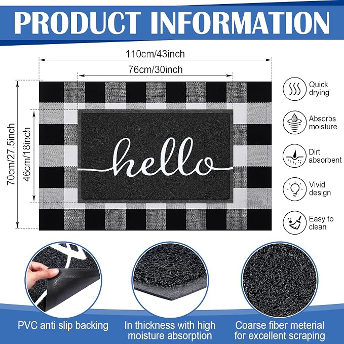 Geelin 2 Pcs 30'' x 18'' Hello Doormat 43'' x 27.5'' Black and White Layered Rug for Front Door Mat Outside Entrance Welcome Door Mats for Indoor Outdoor Entryway Porch Decor