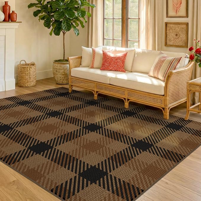 5x7 Farmhouse Mudroom Rug – Washable Non Slip Large Entryway Area Rug for Back Door, Garage Entrance, Durable Indoor Outdoor Style Plaid Rug for Kitchen Dining Room, Black and Tan