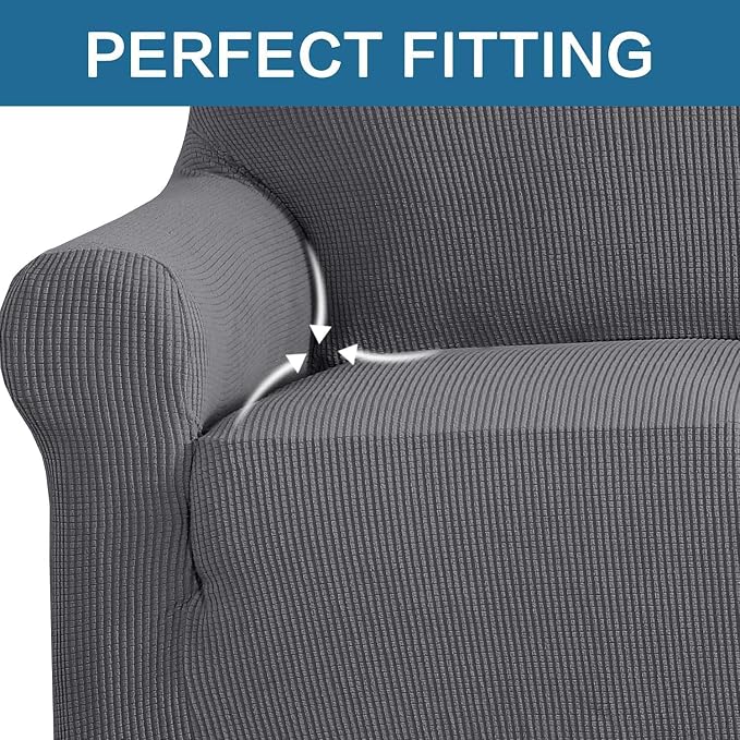 H.VERSAILTEX Stretch Couch Covers for Sofa 1 Piece Slipcovers for Couches and Sofas 3 Seater Couch Cover Feature Thick Checked Jacquard Fabric with Elastic Bottom(Large Sofa 90"-100" Wide, Grey)
