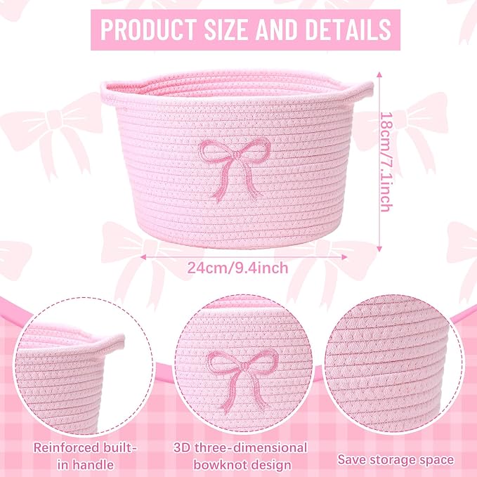 Vesici 3 Pcs Pink Bow Small Baskets Coquette Bow Woven Cotton Rope Storage Basket 9.7'' x 7.1'' Laundry Organizer with Handles for Toys Clothes Organization Nursery Bedroom