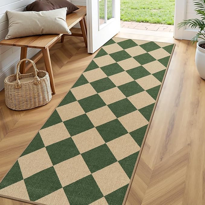Lessymo Kitchen Runner Rug 2x6 Checkered Jute Rugs Washable Non Slip, Green | for Entryway Hallway Bedside, Indoor Outdoor Carpets for Patio Porch, Stain Resistant, Kid Pet Friendly, Diamond Green/Beige