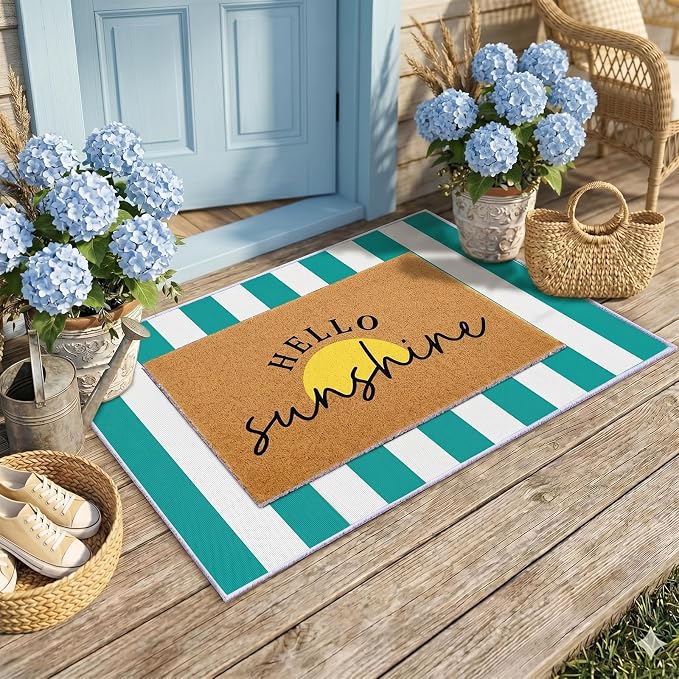 2 Pcs Layered Front Porch Decor, Hello Sunshine Welcome DoorMats Summer Coastal Entryway Rug Set, Light Blue White Striped Crystal Velvet Base and PVC Coil Door Mat, 15.7x23.6 & 23.6x31.5