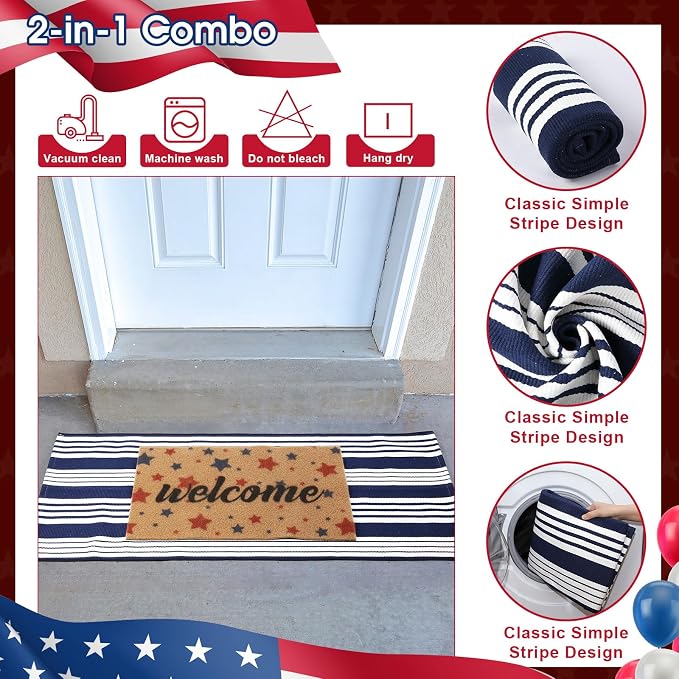 2 Pcs 4th of July Doormat 24'' x 51'' Patriotic Outdoor Rug and 18'' x 28'' Red Blue Star Coir Doormat Welcome Mat Independence Day Non Slip Floor Mat for Entrance Front Porch