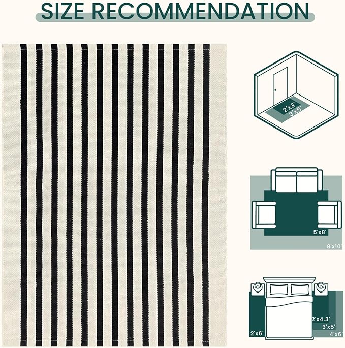 KOZYFLY Striped Rug 2x3 ft Beige and Black Stripes Doormat Cotton Woven Washable Indoor Outdoor Rug Front Door Mat for Entryway Porch Kitchen Patio Decor Small Area Rugs