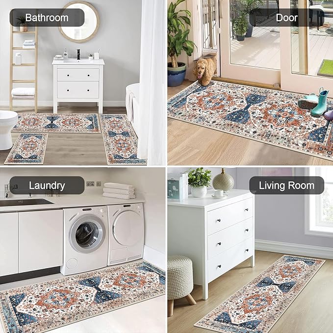 HEBE Boho Kitchen Rug Sets 3 Piece with Runner Non Slip Kitchen Rugs and Mats Washable Kitchen Mats for Floor Thick Kitchen Floor Mat Carpet Runner Rugs for Hallway Laundry Holiday Decor