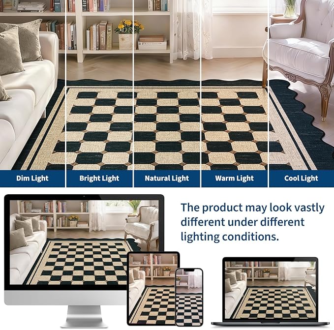 Garvee Easy Jute 9x12 Large Area Rug for Living Room Scalloped Checkered Black Indoor Outdoor Rugs Non Slip Low Pile Patio Outdoor Rugs Washable Carpet for Porch Bedroom Living Room Backyard, 9'x12'