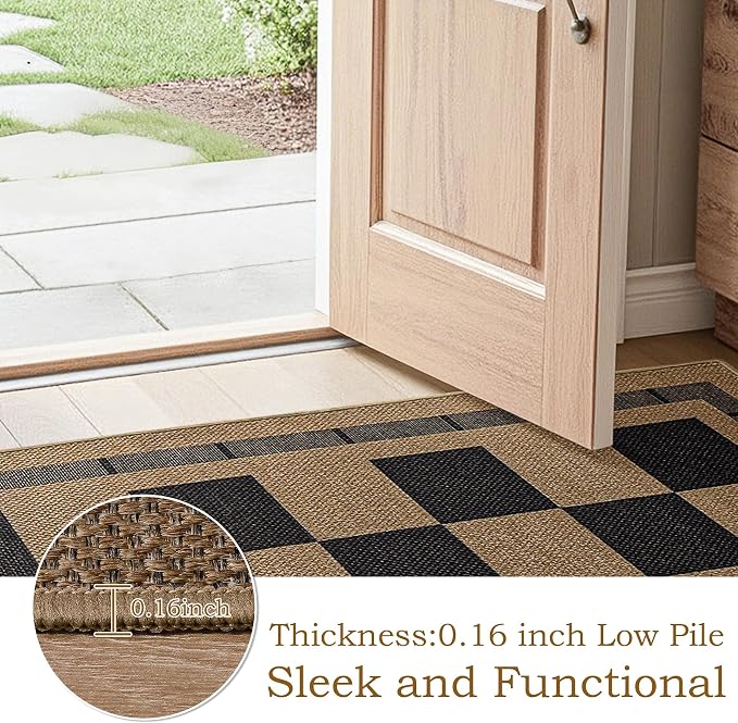 4x6 Outdoor Rug, Jute Checkered Rugs, Patio, Entryway, Balcony Porch Carpet | Washable Indoor Plaid Carpets, Bedroom Kitchen Rug, Non Slip Farmhouse Neutral Laundry Office Floor Mat, Black and Brown