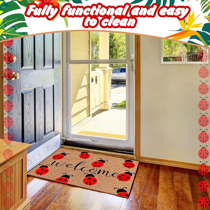Ceenna Summer Ladybug Welcome Doormat Outdoor Ladybug Coir Rug with Non Slip Backing Summer Doormat Front Porch Rugs for Home Entrance Anniversary, 16 x 28 Inches