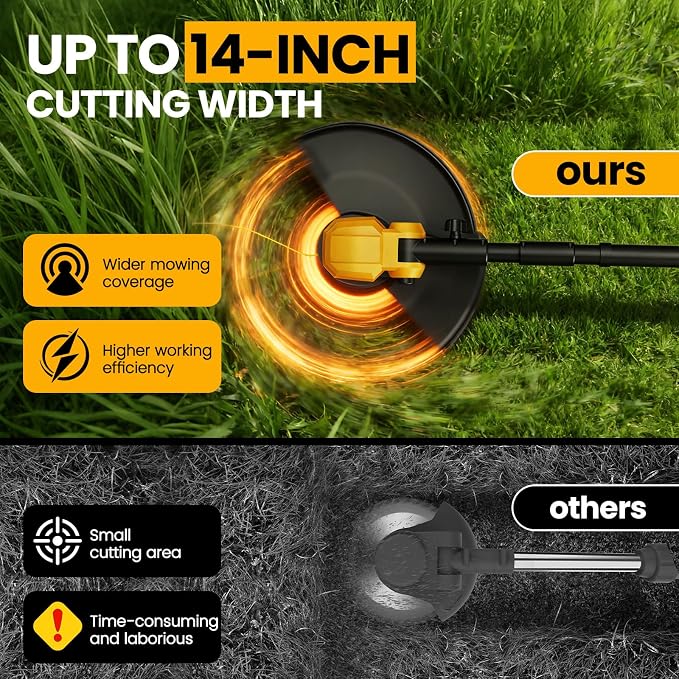 14-Inch Cordless String Trimmer with Wheels, 2x3.0Ah 21V Battery Powered Weed Eater, Electric Lawn Mower Weed Wacker, Brush Cutter Grass Trimmer for Garden Yard