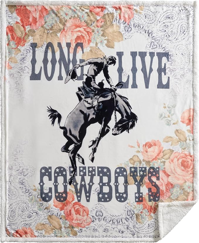 Indigo Hill by HiEnd Accents Rodeo Revival Sherpa Throw Blankets, Long Live Cowboys Floral Medallion Print Western Blanket for Camping, Rustic Southwest Southwestern Fleece Blanket, 54x68 inch