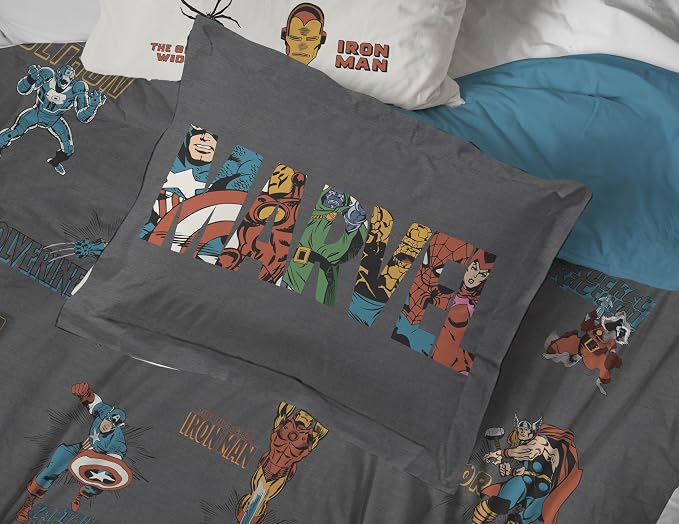 Marvel Comics Avengers Full Size Comforter Set 7 Piece Bedding, Gray | Hulk Captain America, Comforter Sheets Shams Pillowcases, Official Product, Microfiber, Machine Washable, Boys Gift