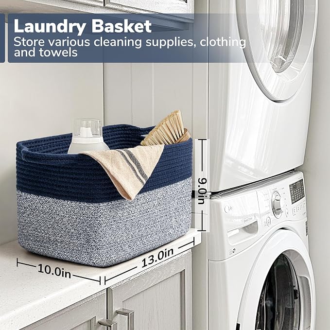 Goodpick Cotton Rope Storage Basket for Shelves, 13" x 10" x 9", Blue | Books, Toys & Towels Storage, Closet & Cube Organizer, Reinforced Handles, Decorative Home Organization
