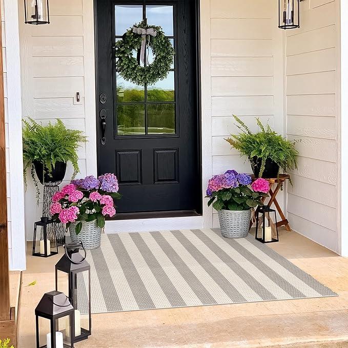 OJIA Indoor Outdoor Rugs 3'x5' Washable Area Rug Entryway Front Door Mat | Striped Front Porch Rug Outdoor Mats Cotton Small Indoor Carpet for Entry/Patio/Deck/Balcony/Bedroom/Living Room Gray/White