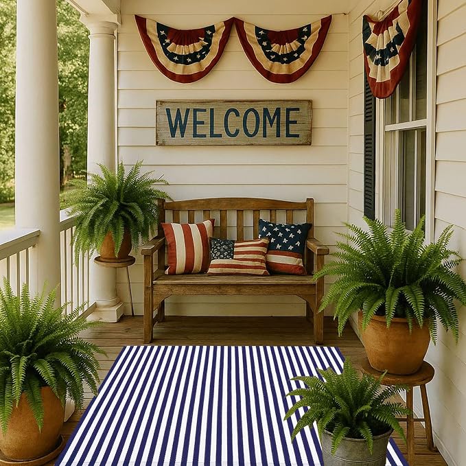 CAINANEL Blue and White Striped Rug 4th of July Door Mat 3' x 5' Summer Front Porch Rug Independence Day Welcome Doormats for Farmhouse Entrance Porch Outdoors Decor(Blue and White, 3' x 5')