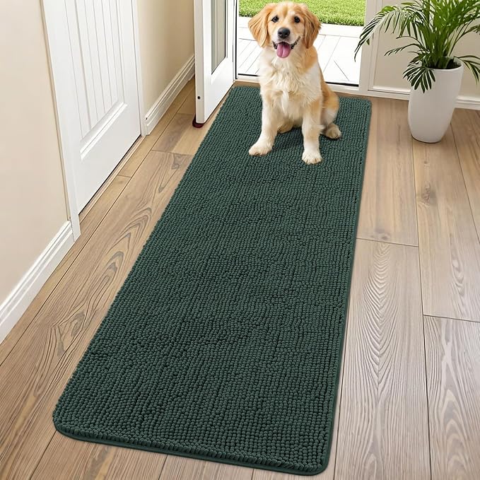 Smiry Dog Door Mat for Muddy Paws 70x24, Absorbent Dirt Trapper, Non-Slip Washable Chenille Entryway Rug for Inside Floor, Green, Classic Solid