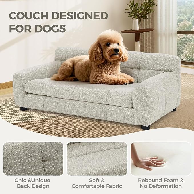 Dog Couch Bed, 38" Sofa for Dogs with Backrest and Armrest, Durable Pet Sofa with Soft Foam Cushion, Elevated Dog Couch Bed with Legs for Medium Dogs, Beige
