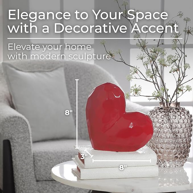 Decorative Ceramic Heart Sculpture for Home Decor - Ornaments for Bathroom, Office, and Living Room Decor - Modern Figurine Accent for Bedroom, Shelf Display, and Coffee Table - 8", Red