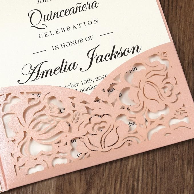 DORIS HOME Laser Cut Quinceanera Invitation Pockets, Pink, 5"x7" | 50pcs, With Envelopes, For Birthday Miss 15, Sweet 16, No Inserts Included