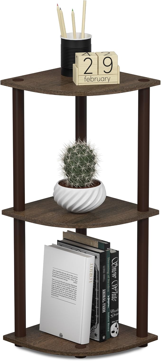 Furinno TURN-N-TUBE Corner Shelf, 3-Tier Corner Bookshelf, Display Storage Shelves, for Organization and Storage, Living Room, Home Office, Garage, Walnut
