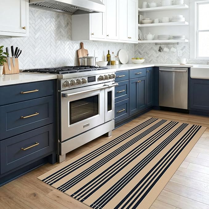 KOZYFLY Striped Rug 3x5 ft Front Door Rugs Cotton Woven Washable Indoor Outdoor Rug Brown Black Entrance Doormat for Front Porch Kitchen Patio Decor Outdoor Mat