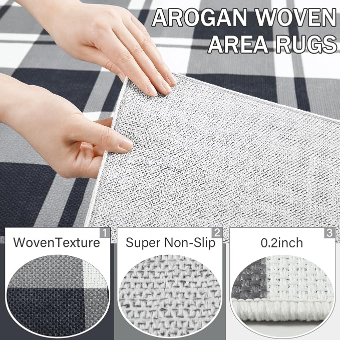 AROGAN Checkered Jute Runner Rug for Hallway, 2x8 Kitchen Runner Washable Rugs Carpet, Long Farmhouse Design Geometric Rugs for Entryway Indoor Laundry Welcome Mat 8 Ft Entry, Black and White