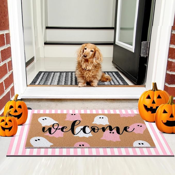 Tinideya 2 Pcs Pink Halloween Welcome Mats for Front Door, Cute Ghost Coir Doormat with Pink White Striped Rug, Layered Doormat Set for Front Porch Entryway Outdoor Fall Decor