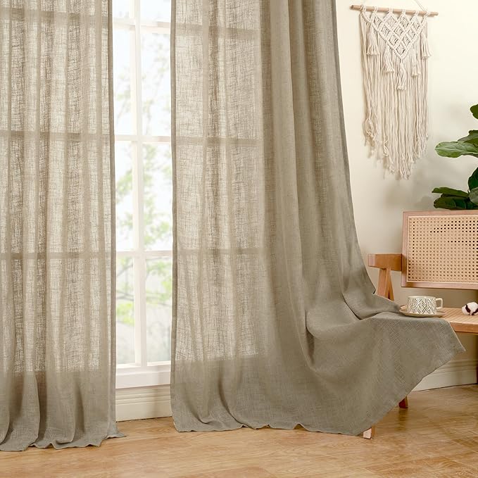LAMIT Linen Curtains 68 Inch Length 2 Panels, Light Filtering Panels Back Tab and Rod Pocket Neutral Drapes for Bedroom/Window/Living Room, Taupe, 52 x 68 Inch