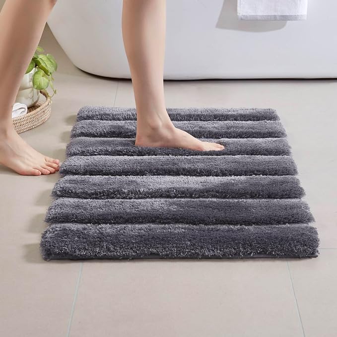 Madison Park Tufted Pearl Channel Absorbent Bathroom Rugs Non Slip Washable Bath Mat Shaggy Rugs For Bathroom Bedroom Plush Thick Soft Machine Wash Rubber Back Grey 17x24" 1 Piece