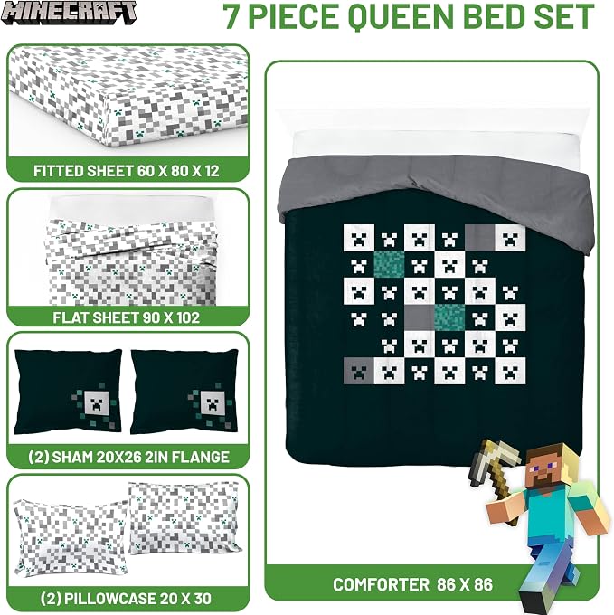 Minecraft Creeper Queen Comforter Set 7 Piece Video Game Bedding, Green | Zombie Enderman, Comforter Sheets Shams Pillowcases, Official Product, Soft Microfiber, Machine Washable, Kids Gift