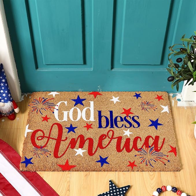 Ceenna 4th of July Patriotic Coir Door Mat Outdoor Red White Blue God Bless American Welcome Rug Patriotic Doormat Non-Slip Entrance Rugs for Independence Day Memorial Day Home Decor 16 x 28 Inch