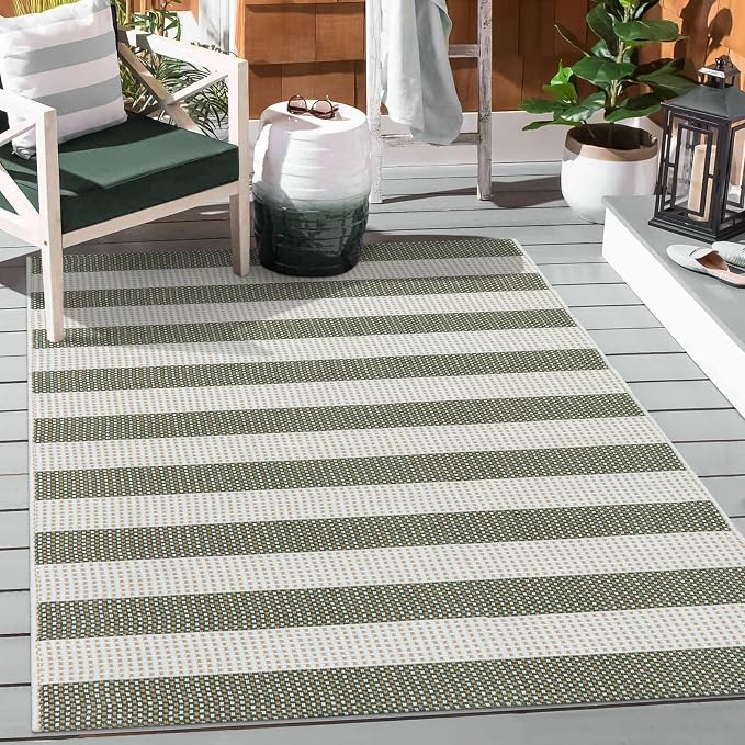 Striped Outdoor Rug 3x5, Boho Washable Front Porch Rug Cotton Hand Woven Outside Door Mats,Foldable Layered Doormat for Farmhouse/Entryway/Home Entrance(Green and White)