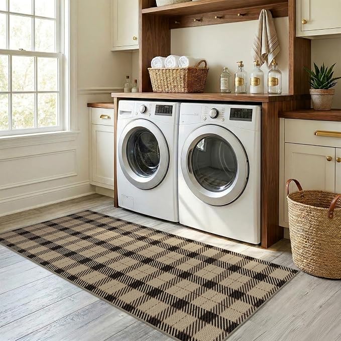 JTJ Easy Jute Plaid Runner Rug 2x6, Machine Washable Non Slip Kitchen Runner Rug, Black & Tan Indoor Outdoor Rug for Entryway, Hallway, Laundry Room, Patio & Porch, Low Pile Carpet