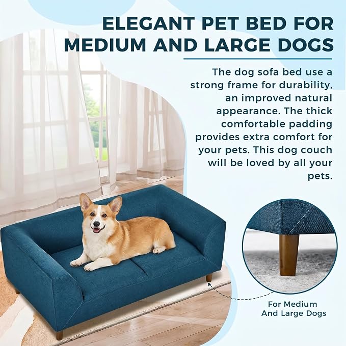 Dog Sofa Couch for Medium Dogs, Memory Foam Dog Sofa Bed, Modern Elevated Pet Couch Bed with Wooden Legs, Blue