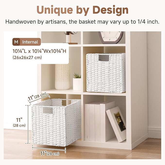 StorageWorks 11 inch Cube Storage Bin,White Storage Cubes,Wicker Baskets | 2-Pack,Handwoven Paper Rope White Wicker Baskets,Wicker Storage Cubes with Handles,Foldable Square Baskets for Organizing