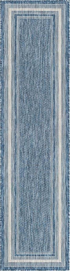 Unique Loom Outdoor Border Collection Area Rug - Soft Border (2' x 8' Runner, Blue/ Ivory)
