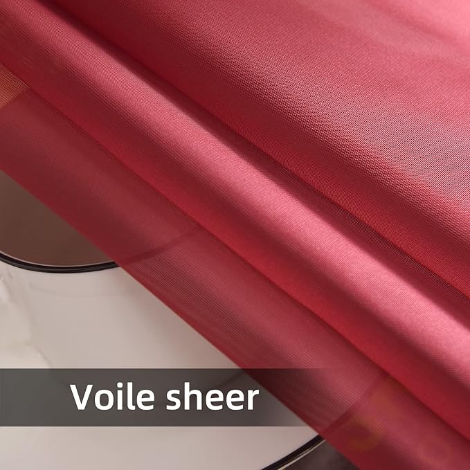 youleyar Solid Sheer Rod Pocket Curtain Voile Draperies 2 Panels White Beige Black Grey Coffee 52 Inch Width 72 Inch Long 1 Pair for Kitchen Bedroom Children Living Room Yard (Wine Red,52Wｘ72L)