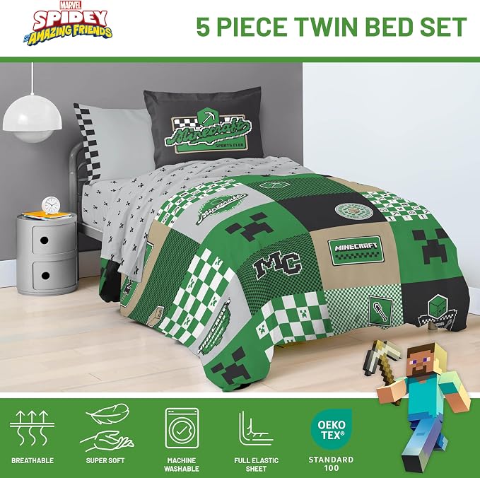 Minecraft Creeper Twin Comforter Set 5 Piece Kids Bedding for Boys, Multi | Zombie Enderman, Bed in a Bag, Comforter Sheets Sham Pillowcase, Official Product, Microfiber, Machine Washable, Boys Gift