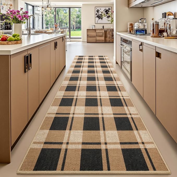 AROGAN Checkered Jute Runner Rug for Hallway, 2x8 Kitchen Runner Washable Rugs Carpet, Long Farmhouse Design Geometric Rugs for Entryway Indoor Laundry Welcome Mat 8 Ft Entry, Black and Brown