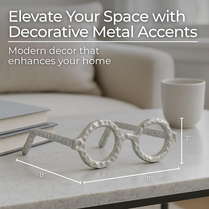 Round Glasses Decorative Object – Aluminum Sculpture Modern Home Decor Ornament – Shelf Styling & Coffee Table Decor for Bathroom, Office & Living Room – 7"x3", Silver
