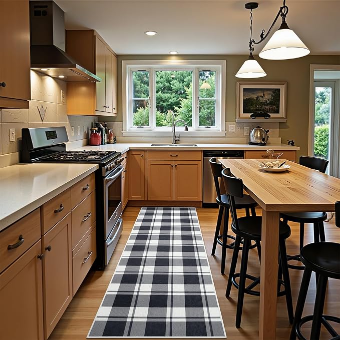 AROGAN Checkered Jute Runner Rug for Hallway, 2x6 Kitchen Runner Washable Rugs Carpet, Long Farmhouse Design Geometric Rugs for Entryway Indoor Laundry Welcome Mat 6 Ft Entry, Black and White