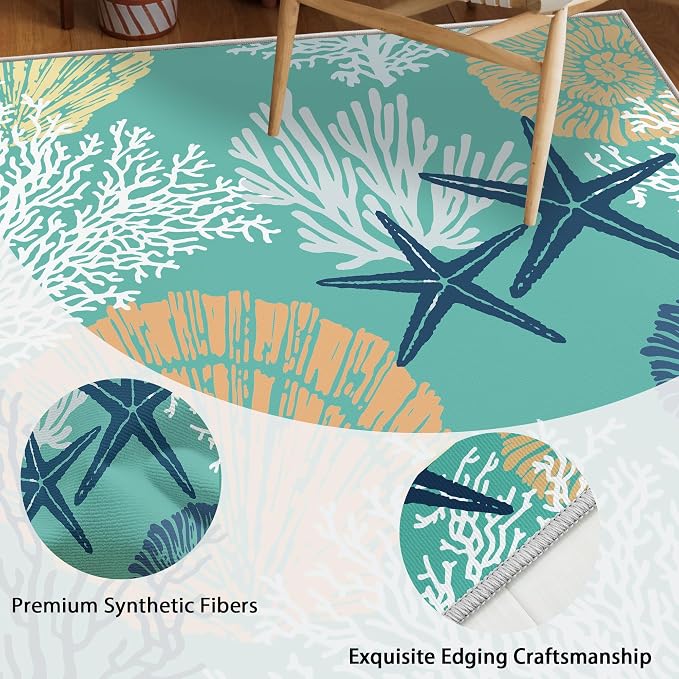 Tritard Coastal Area Rugs Nautical Beach Themed Non-Slip Machine Washable Rugs Modern Floor Carpet for Living Room Bedroom, 4x6, Teal and Turquoise