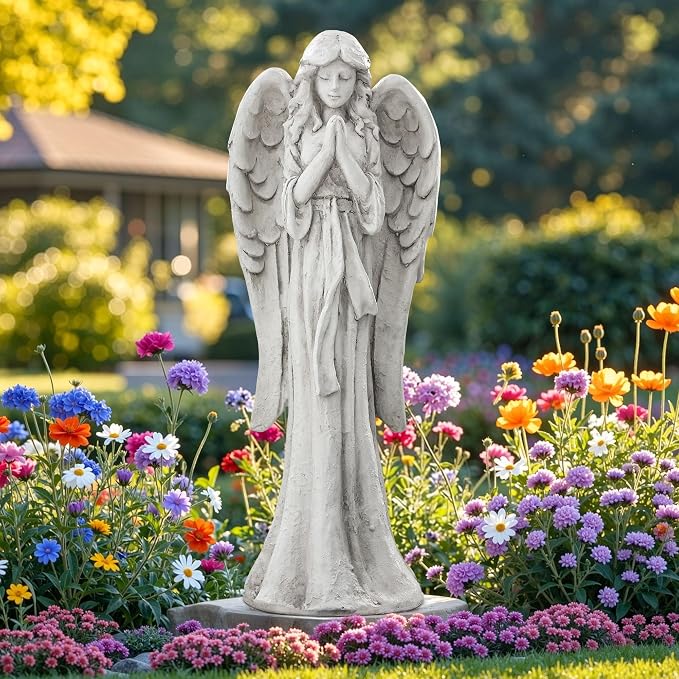Praying Angel Statue Outdoor, Large Standing Garden Decor Figurine | Catholic Sculpture for Yard, Patio, or Cemetery. Memorial Guardian Angel Figurine for Outside and Indoor Display