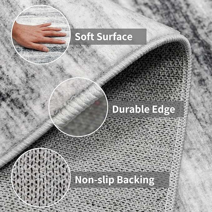 5x12 Runner Rug for Wide Hallway: Long Washable Runners for Entryway Living Room Dining Room - Stain and Water Resistant Rugs with Non-Slip Backing - Soft Low-Pile Carpet Grey
