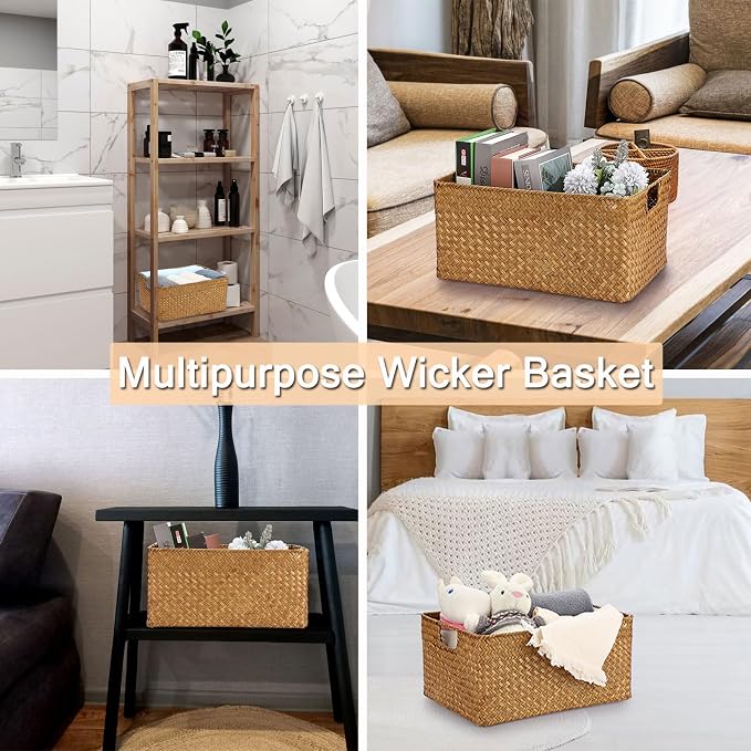 Hipiwe Seagrass Storage Baskets Bin for Shelf Large Handwoven Wicker Basket | Rectangular Bedroom Bathroom Organizer Built-in Handles, Multipurpose Woven Basket Bin Boxes,14.6"x 10.6"x 7.1"
