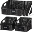 Pantry Organizers, Handwoven Large Wicker Baskets for Shelves, Labeled Storage Baskets for Organizing with Handles - Paper Storage Bins, Boho Decorative, 3 Pack, Black