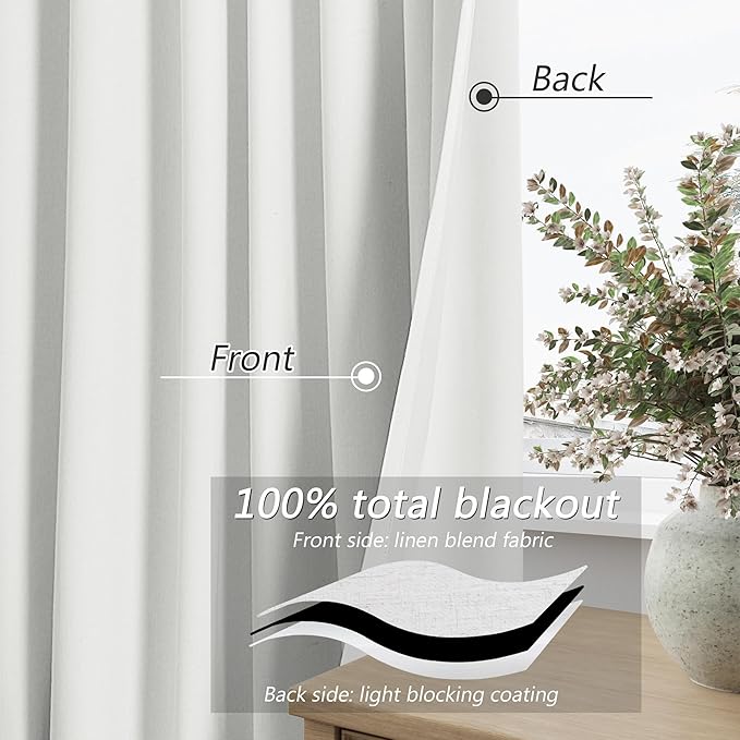 Guken White 100% Blackout Linen Curtains 52 Inch Wide by 118 Inch for Living Room Bedroom Back TabRod Pocket Thermal Insulated Black Out Linen 2 Drapes Room Darkening Window Curtains